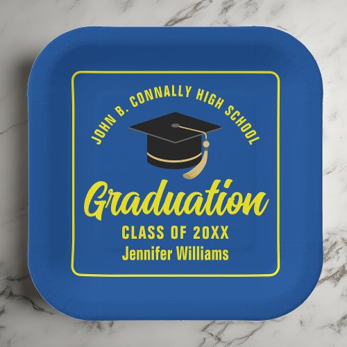 Blue Yellow Graduate 2024 Graduation Party Square Paper Plates