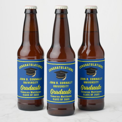 Blue Yellow Graduate Custom 2024 Graduation Party Beer Bottle Label