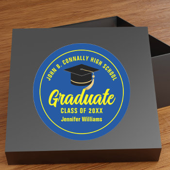 Blue Yellow Graduate Custom 2024 Graduation Party Classic Round Sticker by epicdesigns at Zazzle