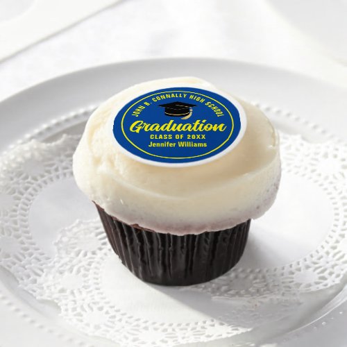 Blue Yellow Graduate Custom 2024 Graduation Party Edible Frosting Rounds