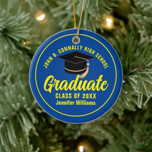 Blue Yellow Graduate Custom Graduation Christmas Ceramic Ornament