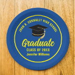 Blue Yellow Graduate Custom Graduation Party Paper Plates<br><div class="desc">This modern royal blue and yellow custom graduation party paper plate features classy typography of your high school or college name for the class of 2026. Customize with your graduating year under the chic handwritten script and black grad cap for great personalized graduate decor.</div>