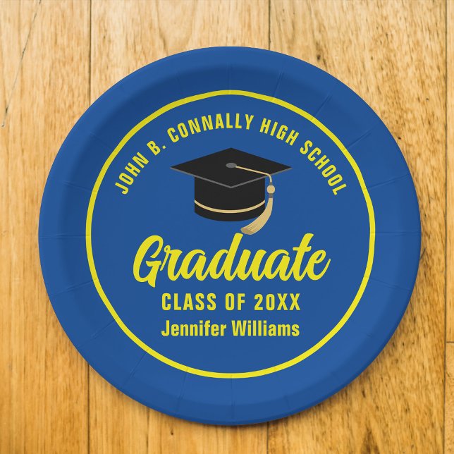 Blue Yellow Graduate Custom Graduation Party Paper Plates (Creator Uploaded)