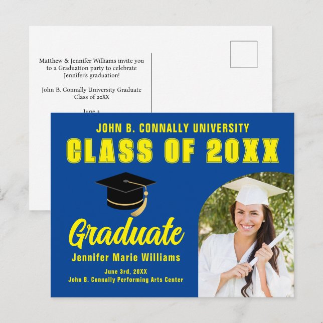 Blue Yellow Graduate Photo 2026 Graduation Party Postcard (Front/Back)
