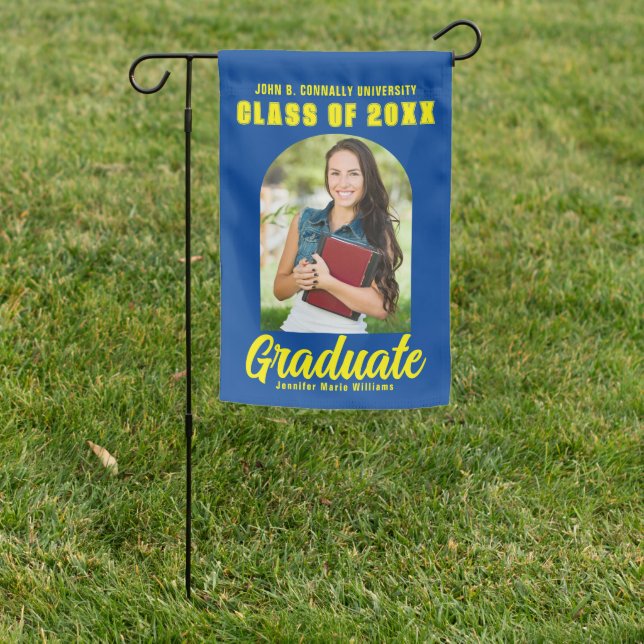 Blue Yellow Graduate Photo Arch Modern Graduation Garden Flag (In SItu)
