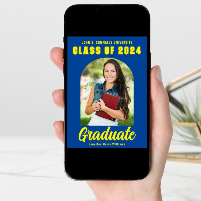 Blue Yellow Graduate Photo Modern Bold Graduation Announcement (Front Digital)