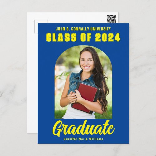 Blue Yellow Graduate Photo Modern Bold Graduation Postcard