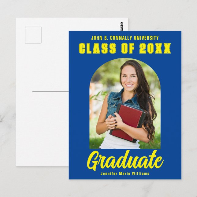 Blue Yellow Graduate Photo Modern Bold Graduation Postcard (Front/Back)