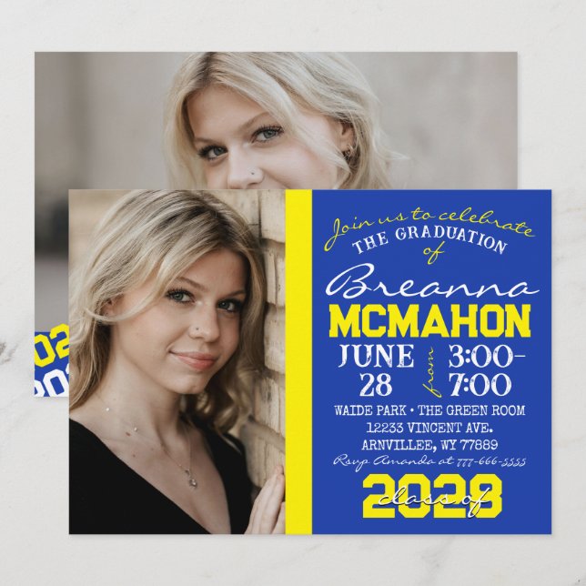 Blue & Yellow Graduation 2 Photo Invitation (Front/Back)