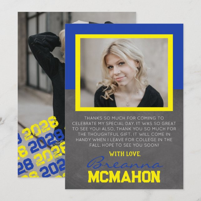 Blue & Yellow Graduation 2 Photo Thank You Card (Front/Back)