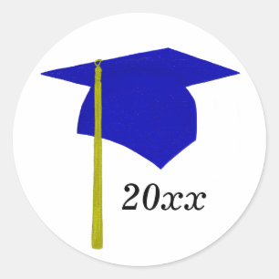 Blue & Yellow Graduation Cap Stickers, Class of Classic Round Sticker