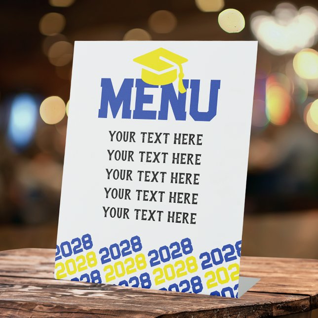 Blue & Yellow Graduation Menu Party Pedestal Sign (Blue, Yellow and White Graduation Cap Class Year Menu Pedestal Table Sign)