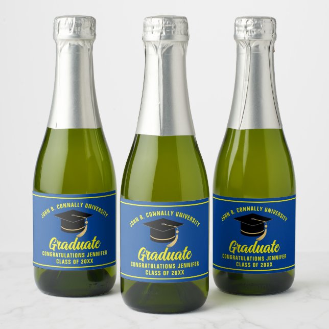 Blue Yellow Graduation Party Custom Graduate Sparkling Wine Label (Bottles)