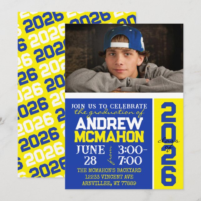 Blue & Yellow Graduation Photo Invitation (Front/Back)