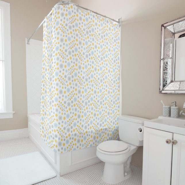 Blue Yellow & Gray Modern Floral Shower Curtain (In Situ)