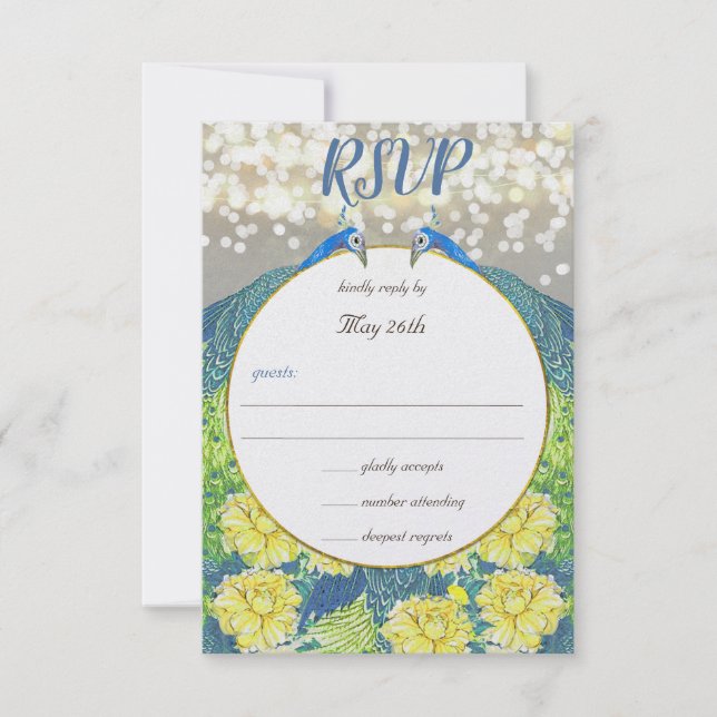Blue Yellow Gray Peacock Wedding Invitation RSVP (Front)