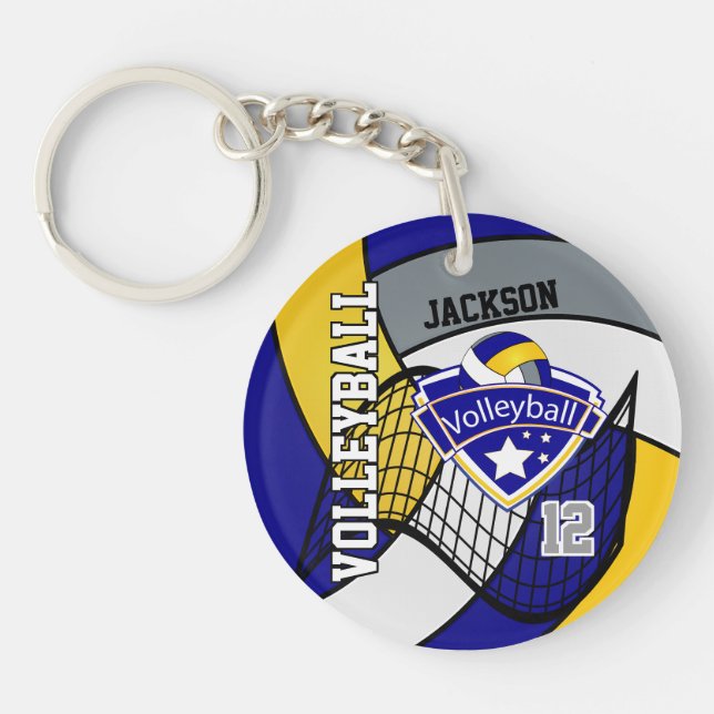 Blue, Yellow & Gray Personalize Volleyball Design Keychain (Front)