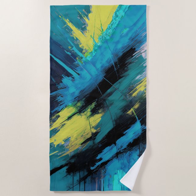 Blue Yellow Green Black Abstract Beach Towel (Front)