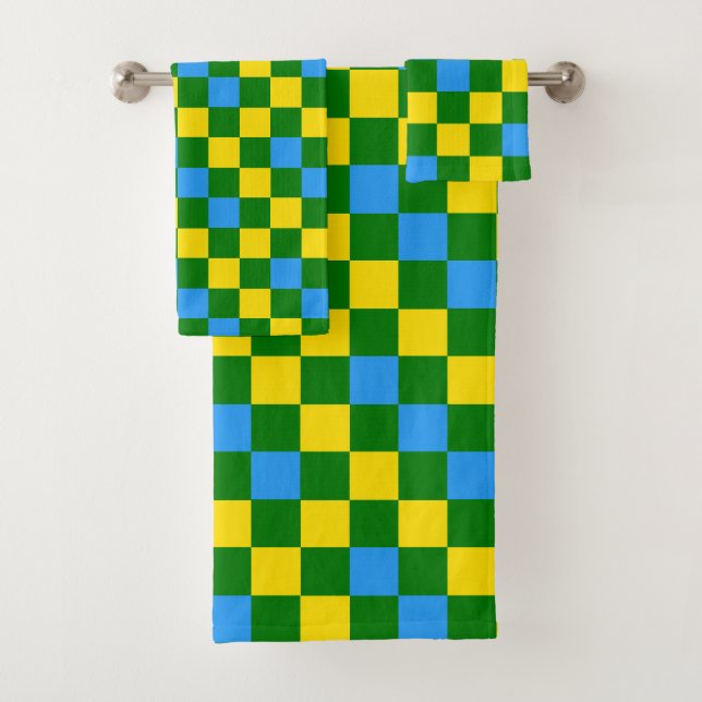 Blue Yellow Green Checkered Pattern Design  Bath Towel Set (Insitu)