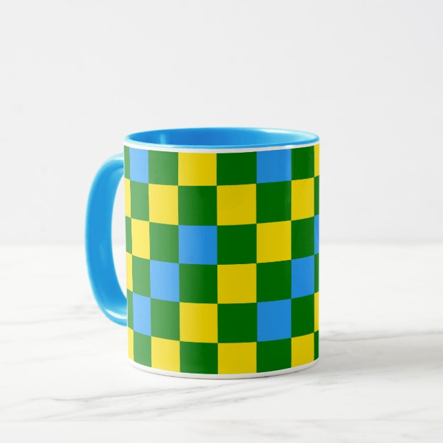 Blue Yellow Green Checkered Pattern Design  Mug (Front Left)