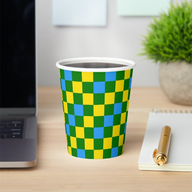 Blue Yellow Green Checkered Pattern Design  Paper Cups (Insitu)