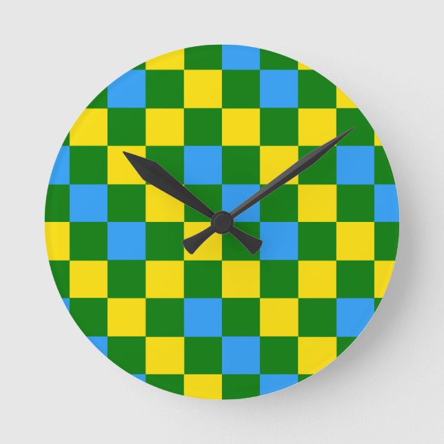 Blue Yellow Green Checkered Pattern Design  Round Clock (Front)