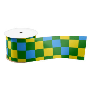 Blue Yellow Green Checkered Pattern Design  Satin Ribbon