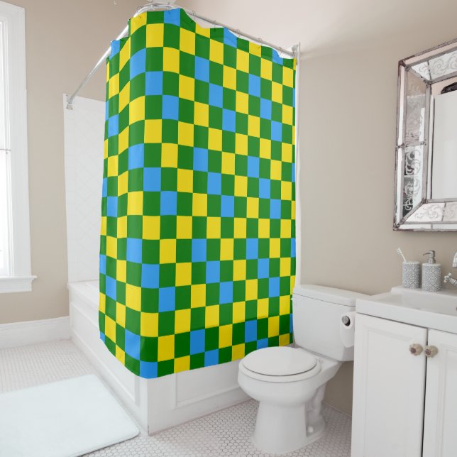 Blue Yellow Green Checkered Pattern Design  Shower Curtain (In Situ)