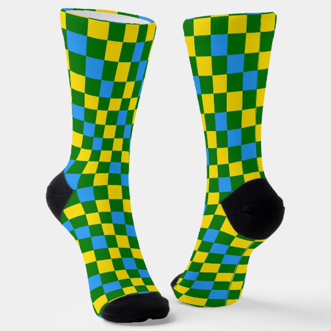 Blue Yellow Green Checkered Pattern Design  Socks (Angled)