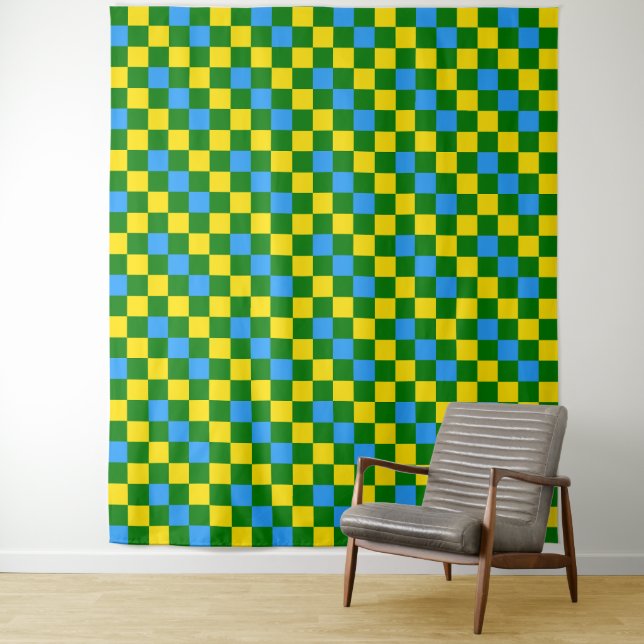 Blue Yellow Green Checkered Pattern Design  Tapestry (In Situ)