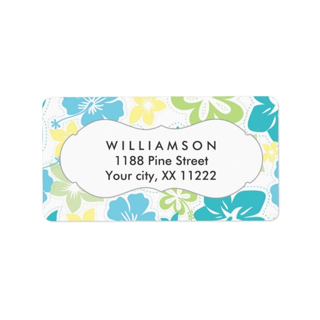 blue yellow green hibiscus hawaiian tropical favor label (Front)
