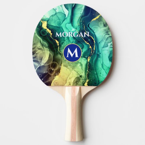 Blue Yellow Green Liquid Ink Monogram  Name Ping Pong Paddle