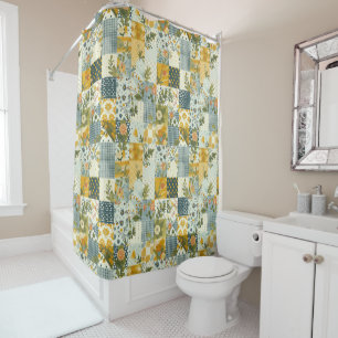 Blue Yellow Green Patchwork Quilt Floral Retro  Shower Curtain
