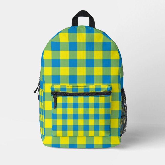 Blue Yellow Green Plaid Checker Pattern Backpack (Front)