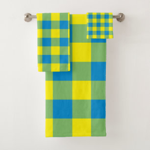 Blue Yellow Green Plaid Checker Pattern Bath Towel Set