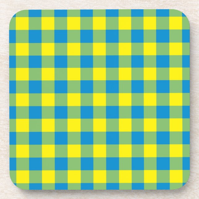 Blue Yellow Green Plaid Checker Pattern Beverage Coaster (Front)