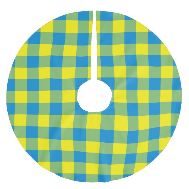 Blue Yellow Green Plaid Checker Pattern Brushed Polyester Tree Skirt (Front)