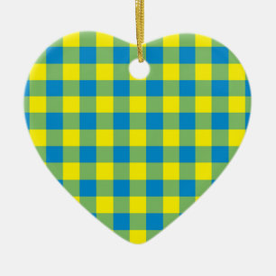 Blue Yellow Green Plaid Checker Pattern Ceramic Ornament