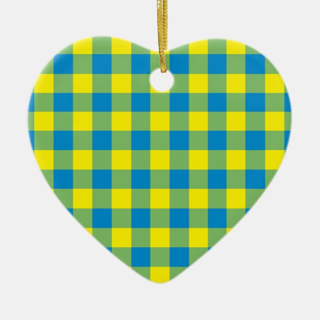 Blue Yellow Green Plaid Checker Pattern Ceramic Ornament (Front)