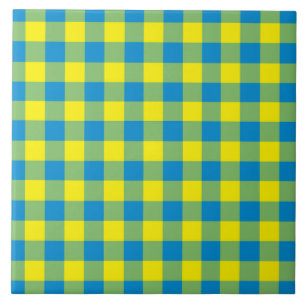 Blue Yellow Green Plaid Checker Pattern Ceramic Tile