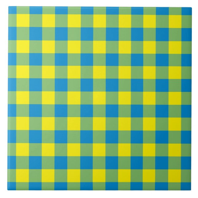 Blue Yellow Green Plaid Checker Pattern Ceramic Tile (Front)
