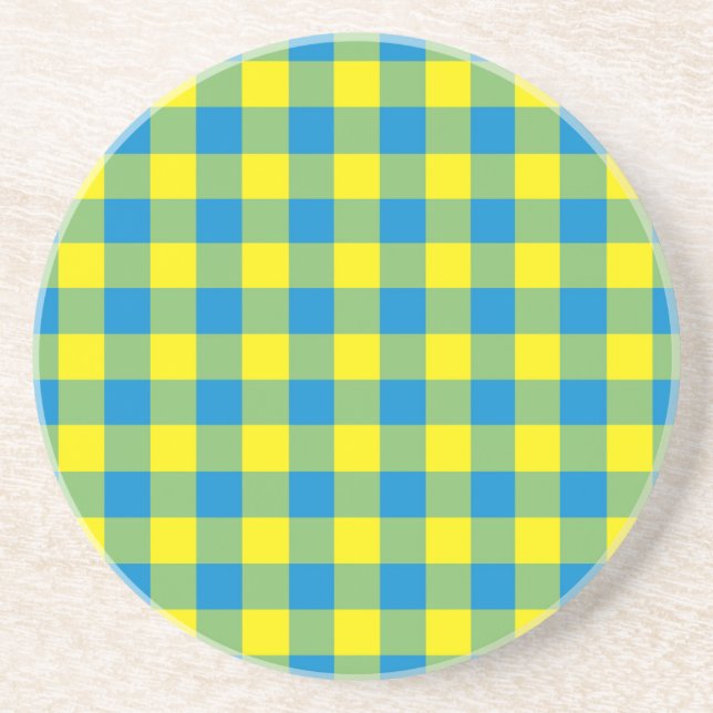 Blue Yellow Green Plaid Checker Pattern Coaster (Front)