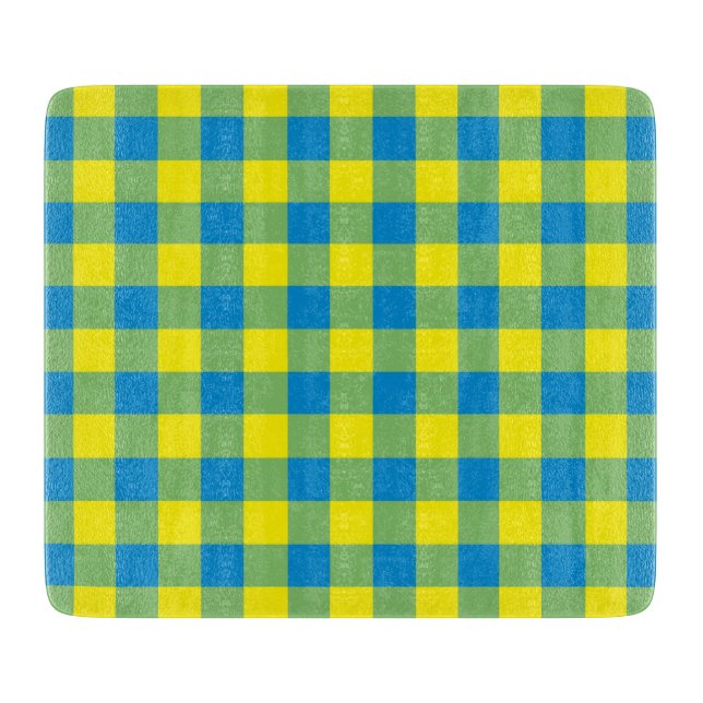 Blue Yellow Green Plaid Checker Pattern Cutting Board (Front)