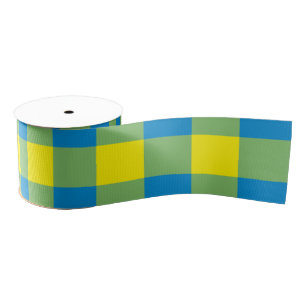 Blue Yellow Green Plaid Checker Pattern Grosgrain Ribbon