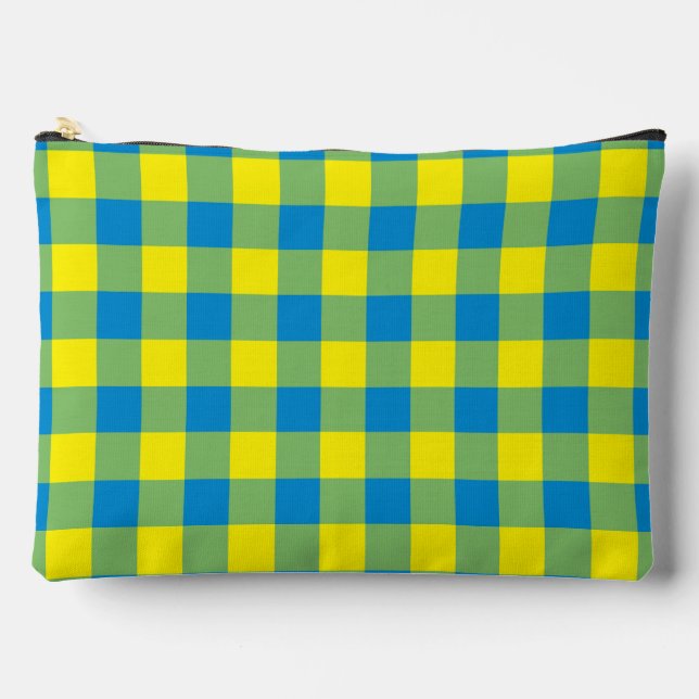 Blue Yellow Green Plaid Checker Pattern Large Accessory Pouch (Front)