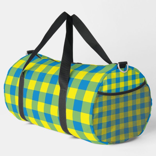 Blue Yellow Green Plaid Checker Pattern Large Duffle Bag (Right Corner)