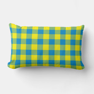 Blue Yellow Green Plaid Checker Pattern Lumbar Pillow