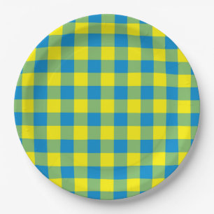 Blue Yellow Green Plaid Checker Pattern Paper Plates