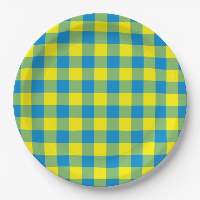 Blue Yellow Green Plaid Checker Pattern Paper Plates (Front)