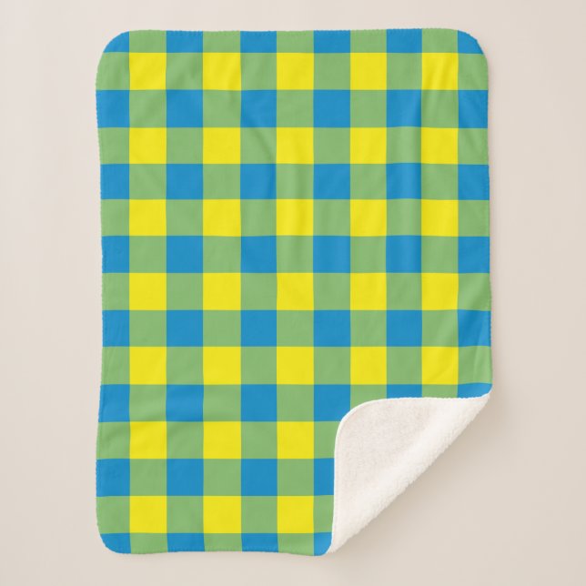 Blue Yellow Green Plaid Checker Pattern Sherpa Blanket (Front)